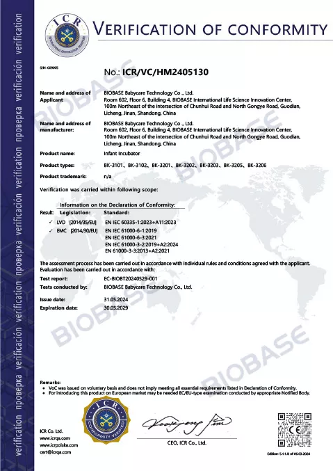CE-Infant incubator
 Certificate