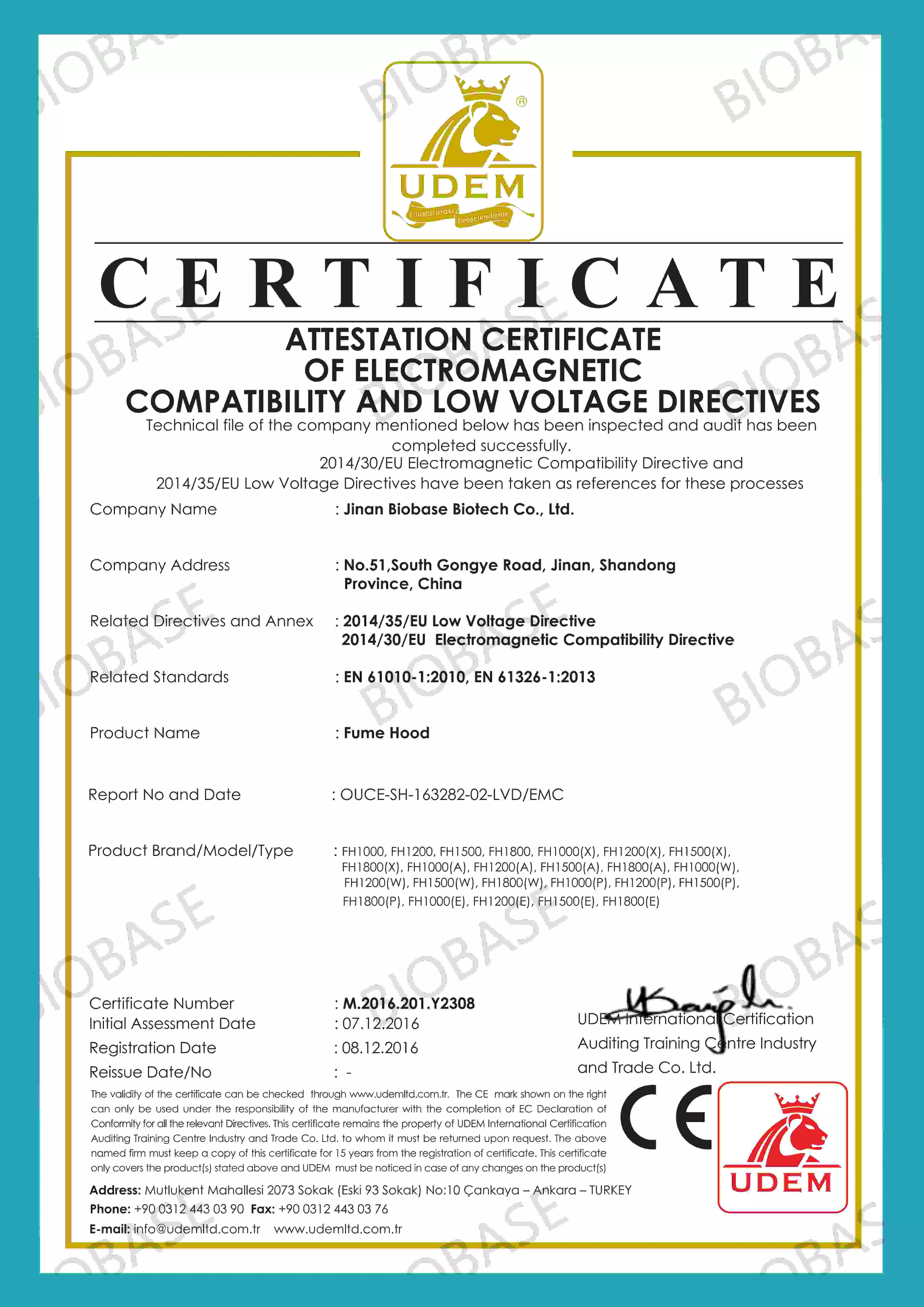 CE-Fume Hood Certificate