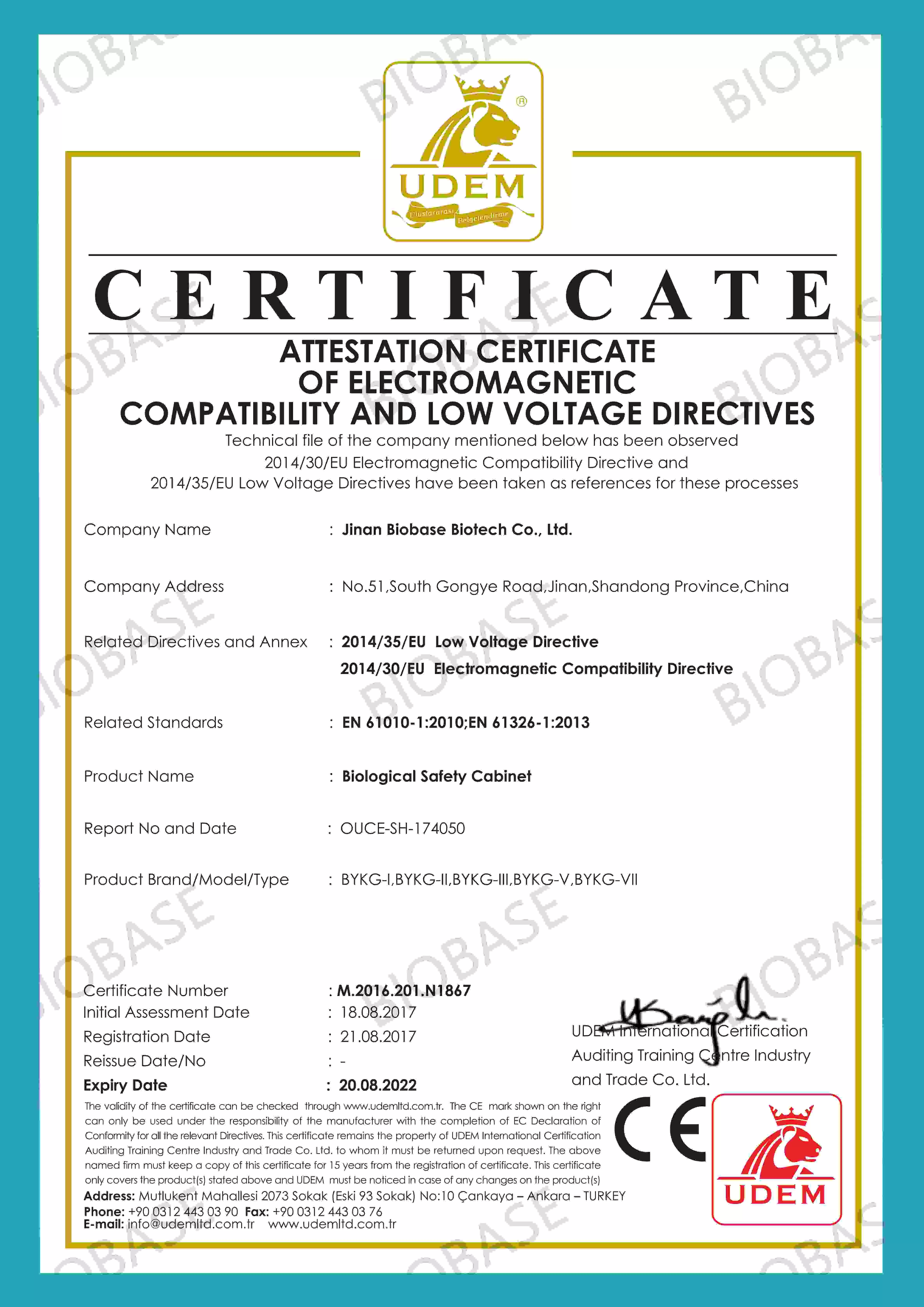 CE-Class I Biological Safety Cabinet Certificate